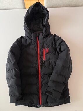 Spyder Black Puffer Jacket with Red Zipper and Logo